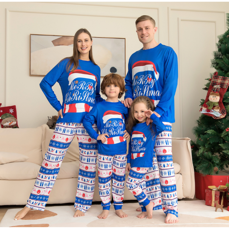 Blue Merry Family Christmas Pajamas Set
