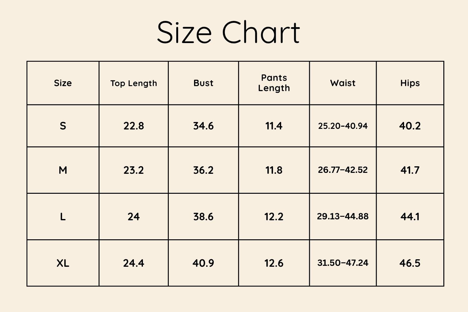 Size Chart Inches