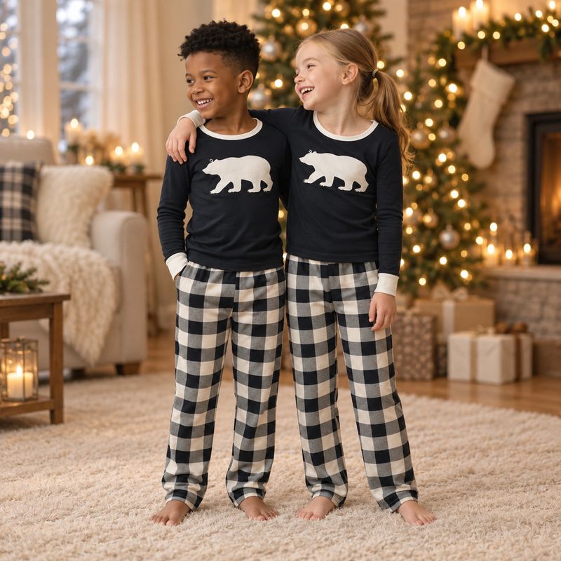 Black & Cream Plaid Bear Family Matching Pajamas