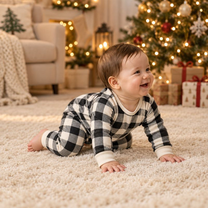 Black & Cream Plaid Bear Family Matching Pajamas