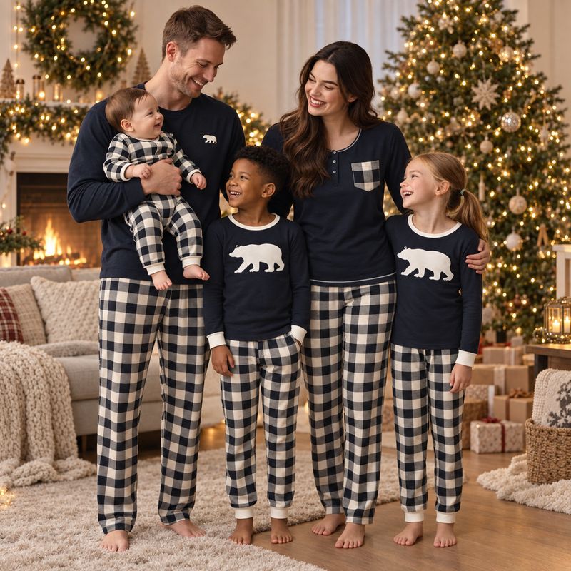 Black & Cream Plaid Bear Family Matching Pyjamas
