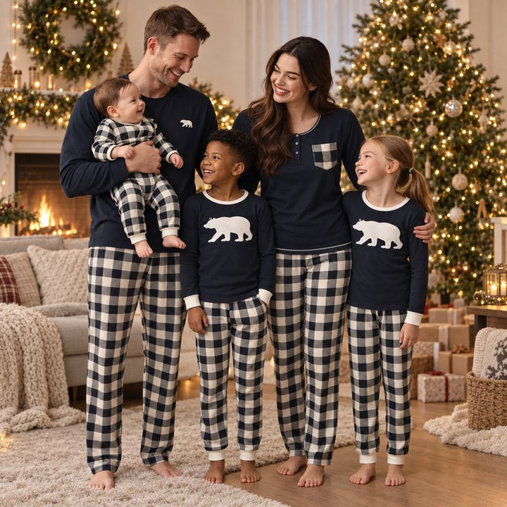 Black & Cream Plaid Bear Family Matching Pyjamas
