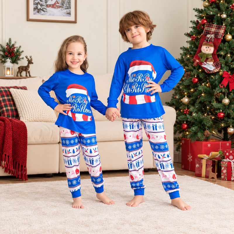 Blue Merry Family Christmas Pajamas Set