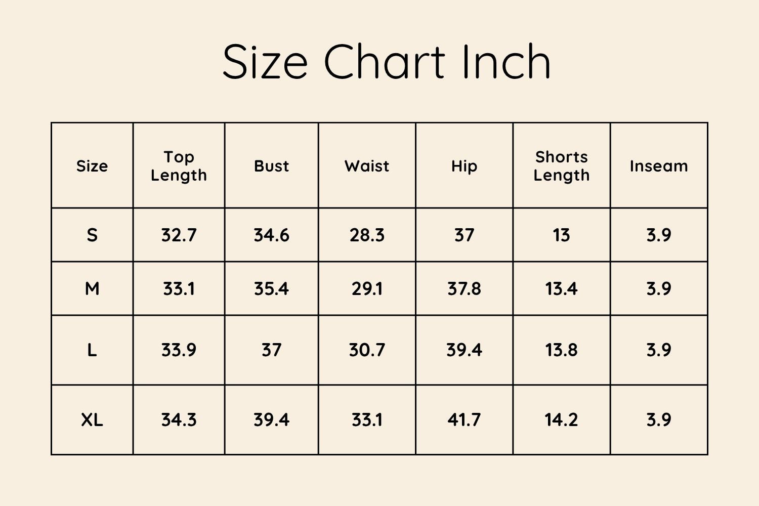 Size Chart Inches