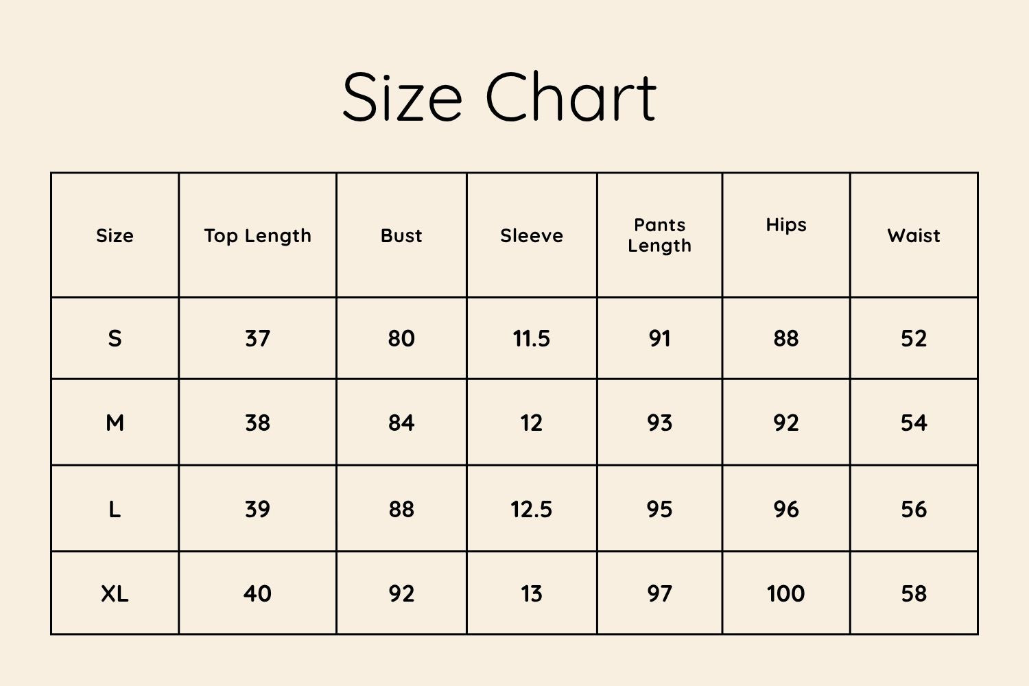 Size Chart CM