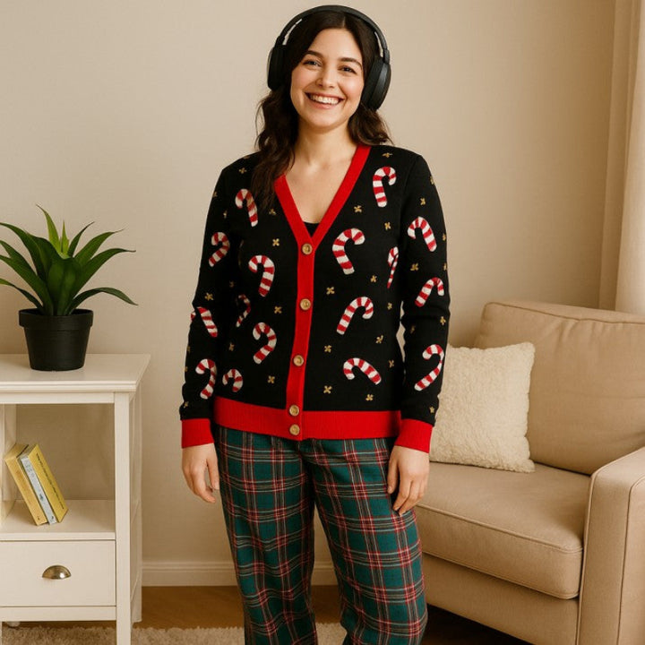 Candy Cane Buttoned Women Christmas Ugly Sweater