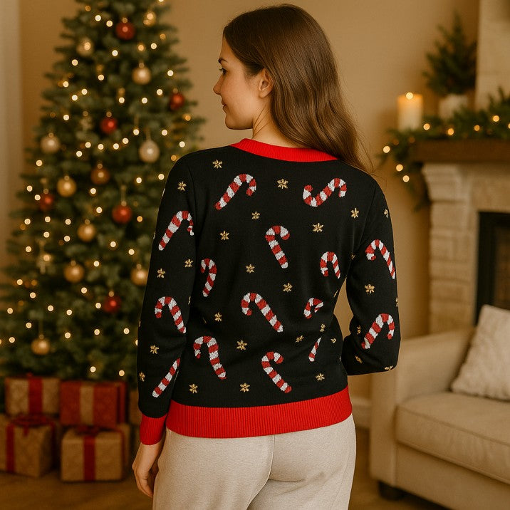 Candy Cane Buttoned Women Christmas Ugly Sweater