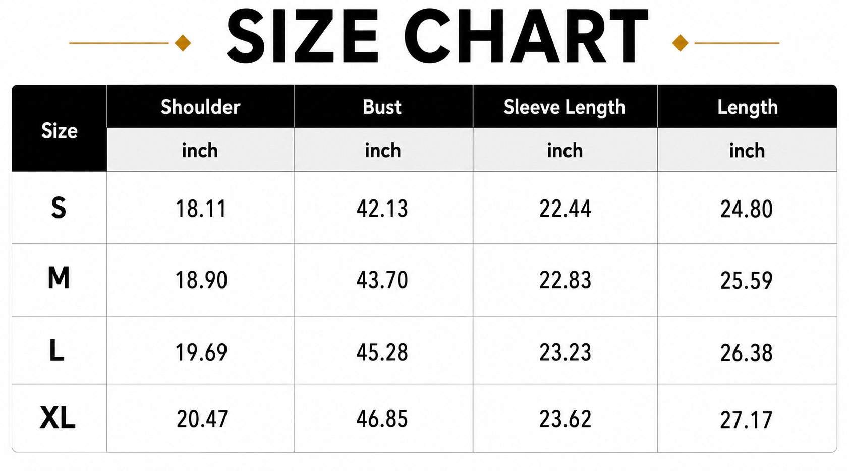 Size Chart Inches