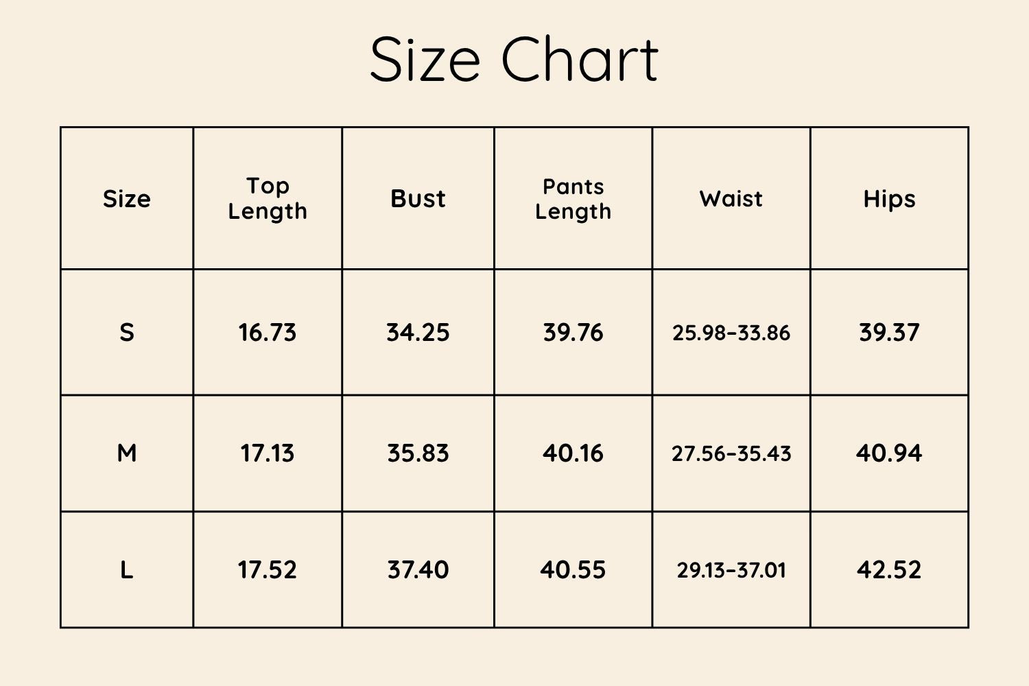 Size Chart Inches