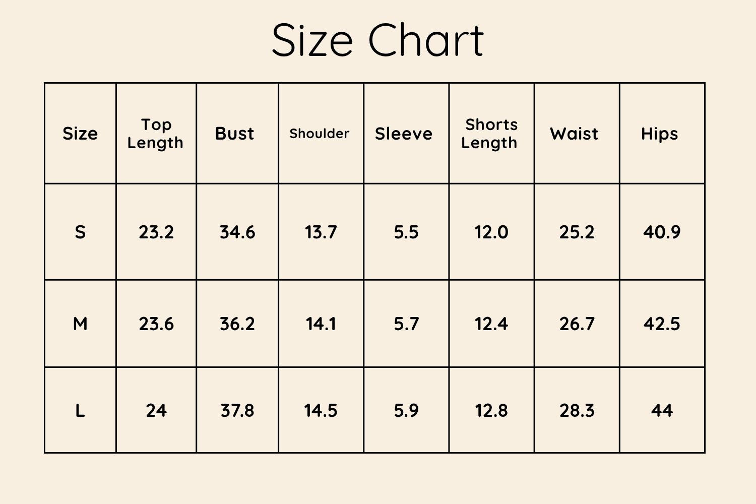 Size Chart Inches