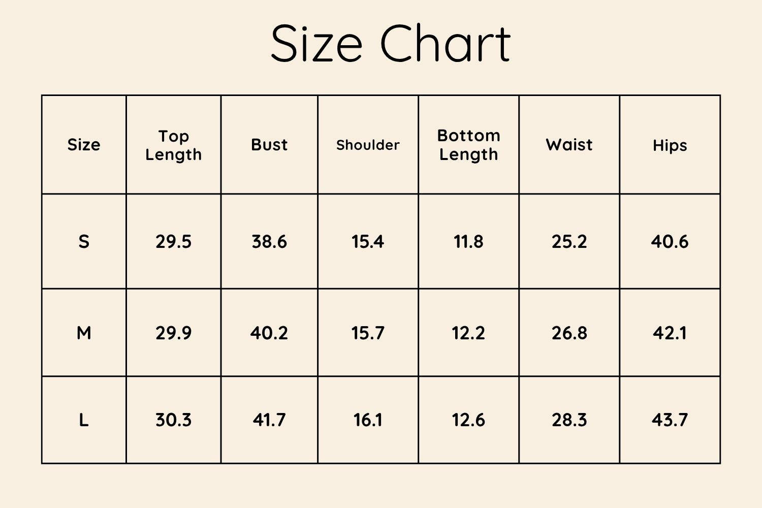 Size Chart Inches