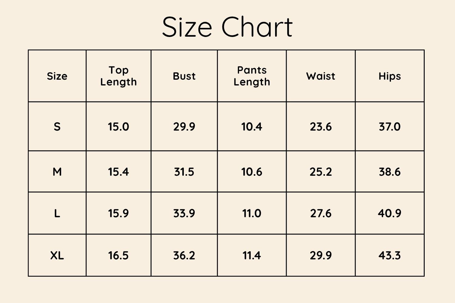 Size Chart Inches