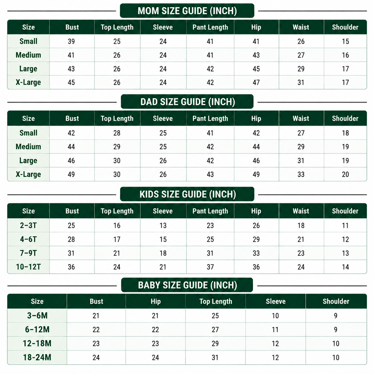Size Chart Inches