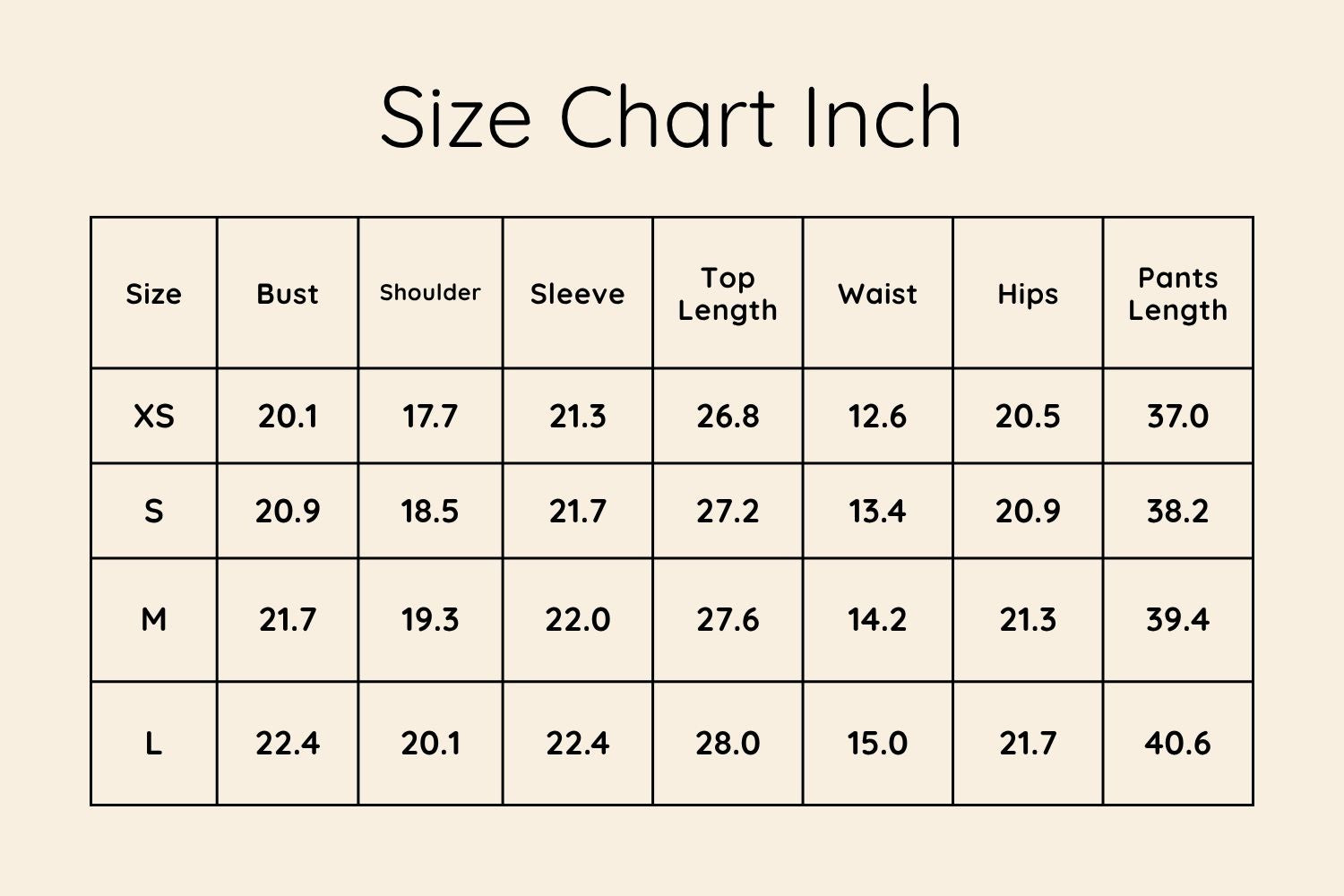 Size Chart Inches