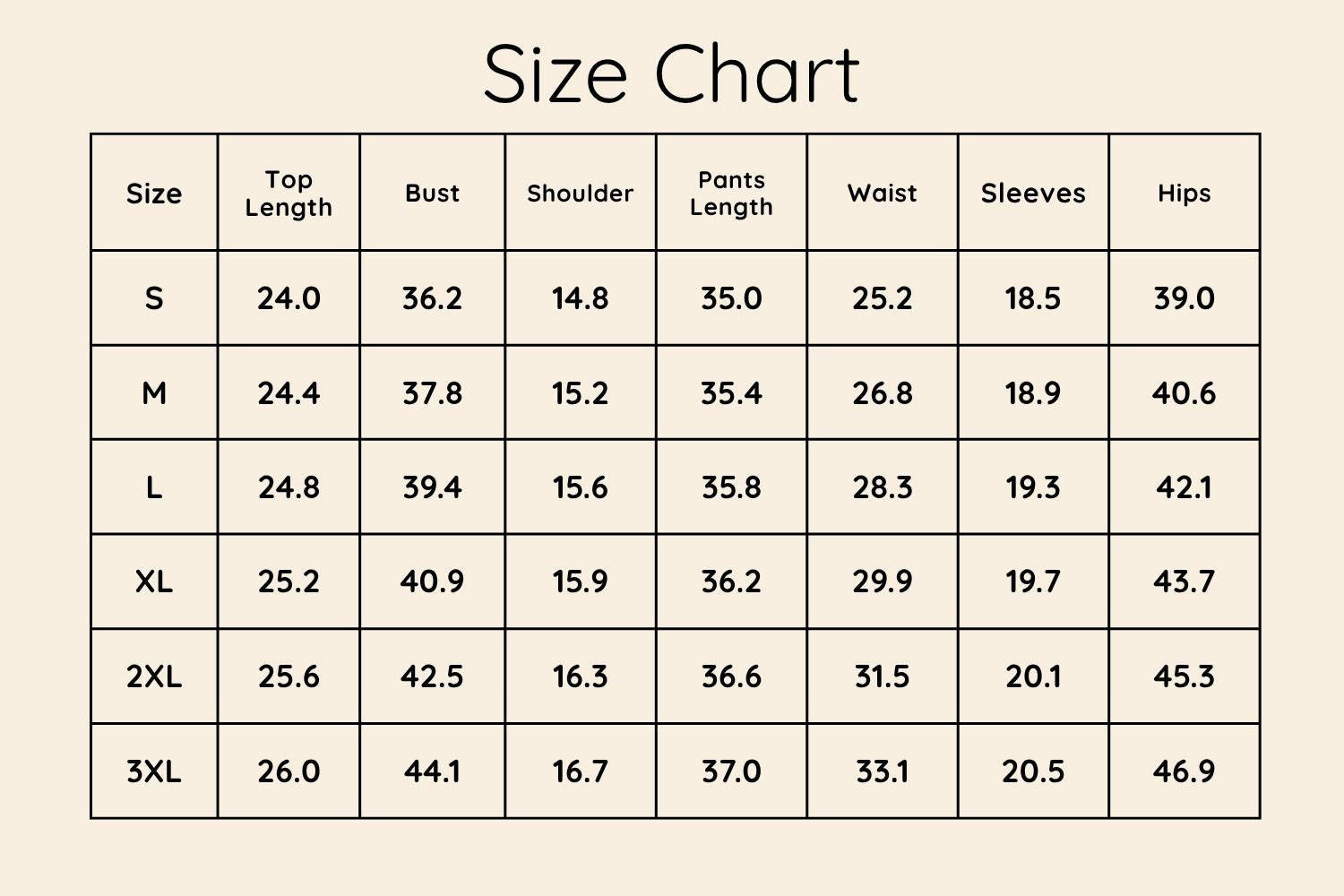 Size Chart Inches