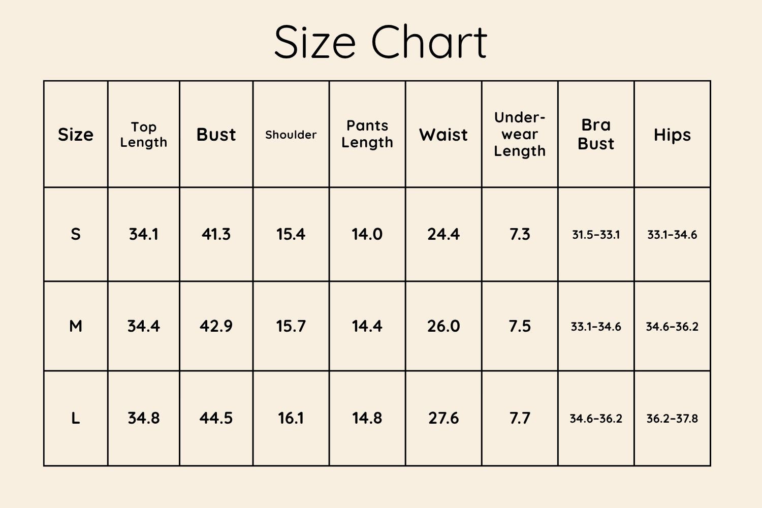 Size Chart Inches