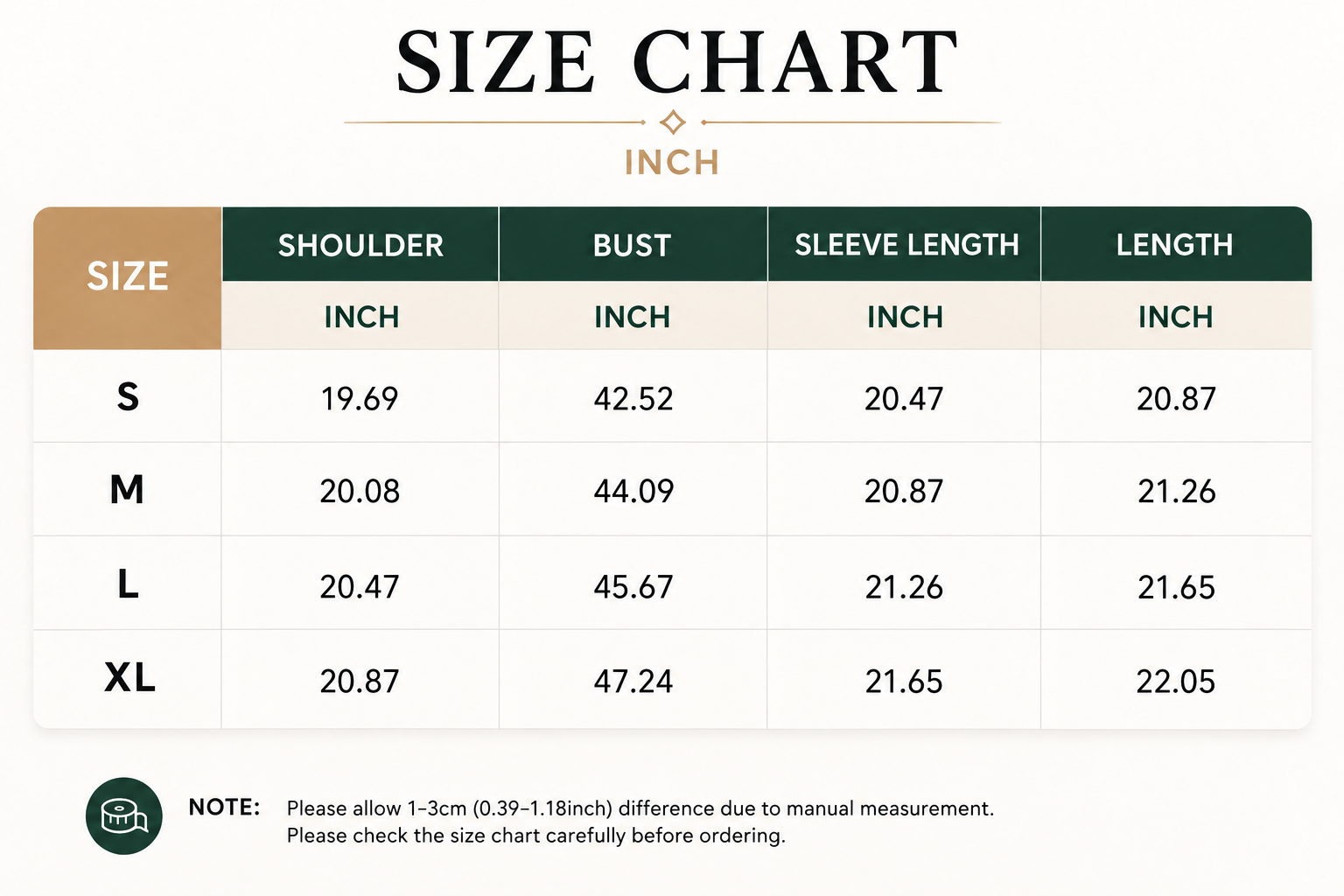 Size Chart Inches