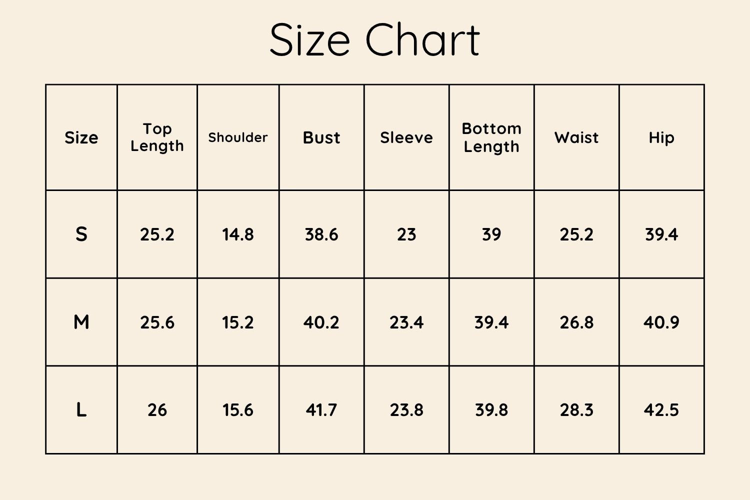 Size Chart Inches