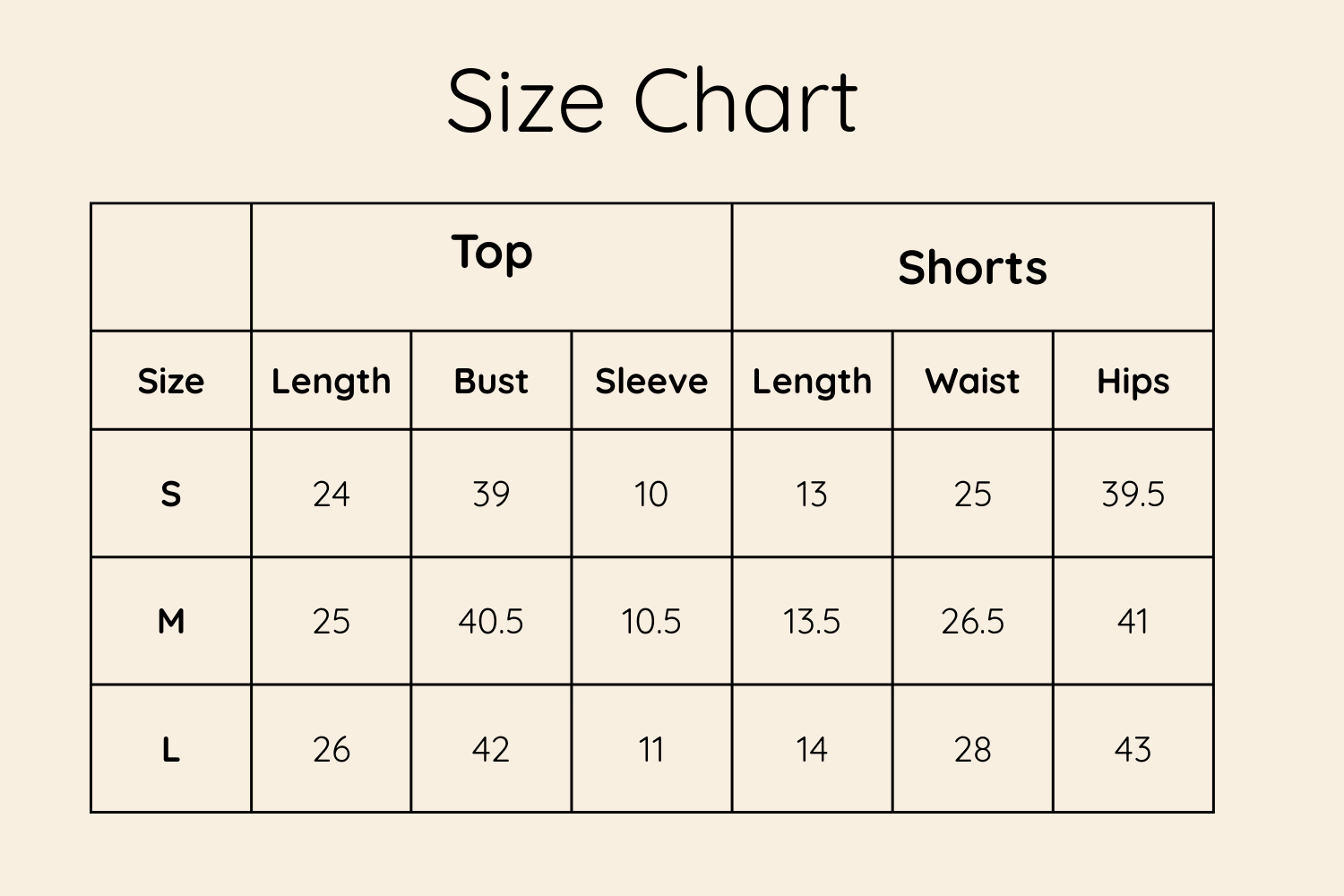 Size Chart Inches