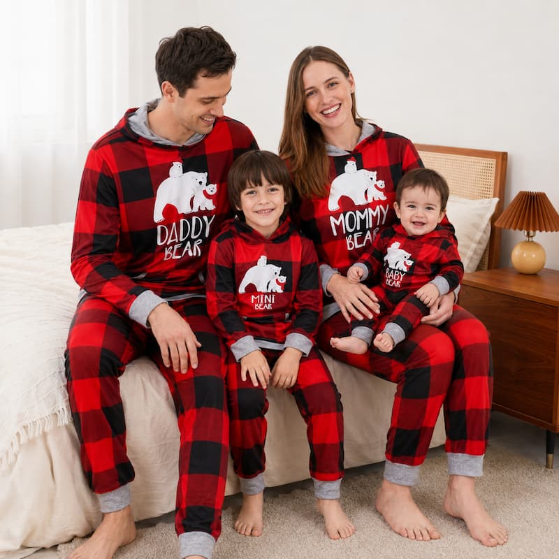 Hooded Plaid Bear Family Matching Christmas Pajamas 