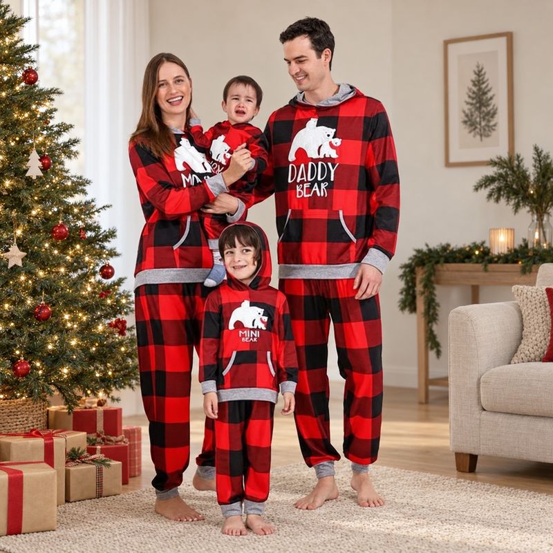 Hooded Plaid Bear Family Matching Christmas Pajamas