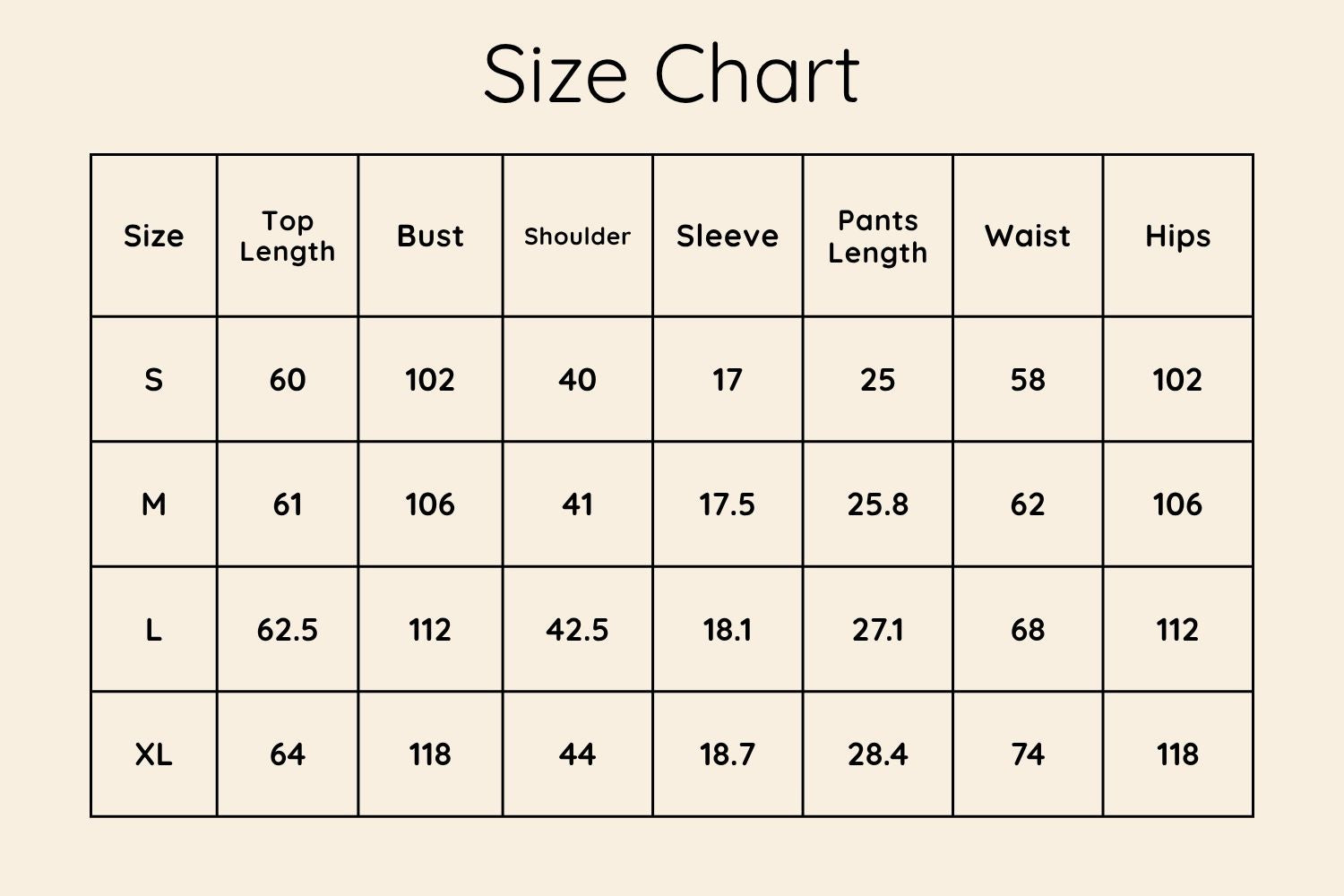 Size Chart CM