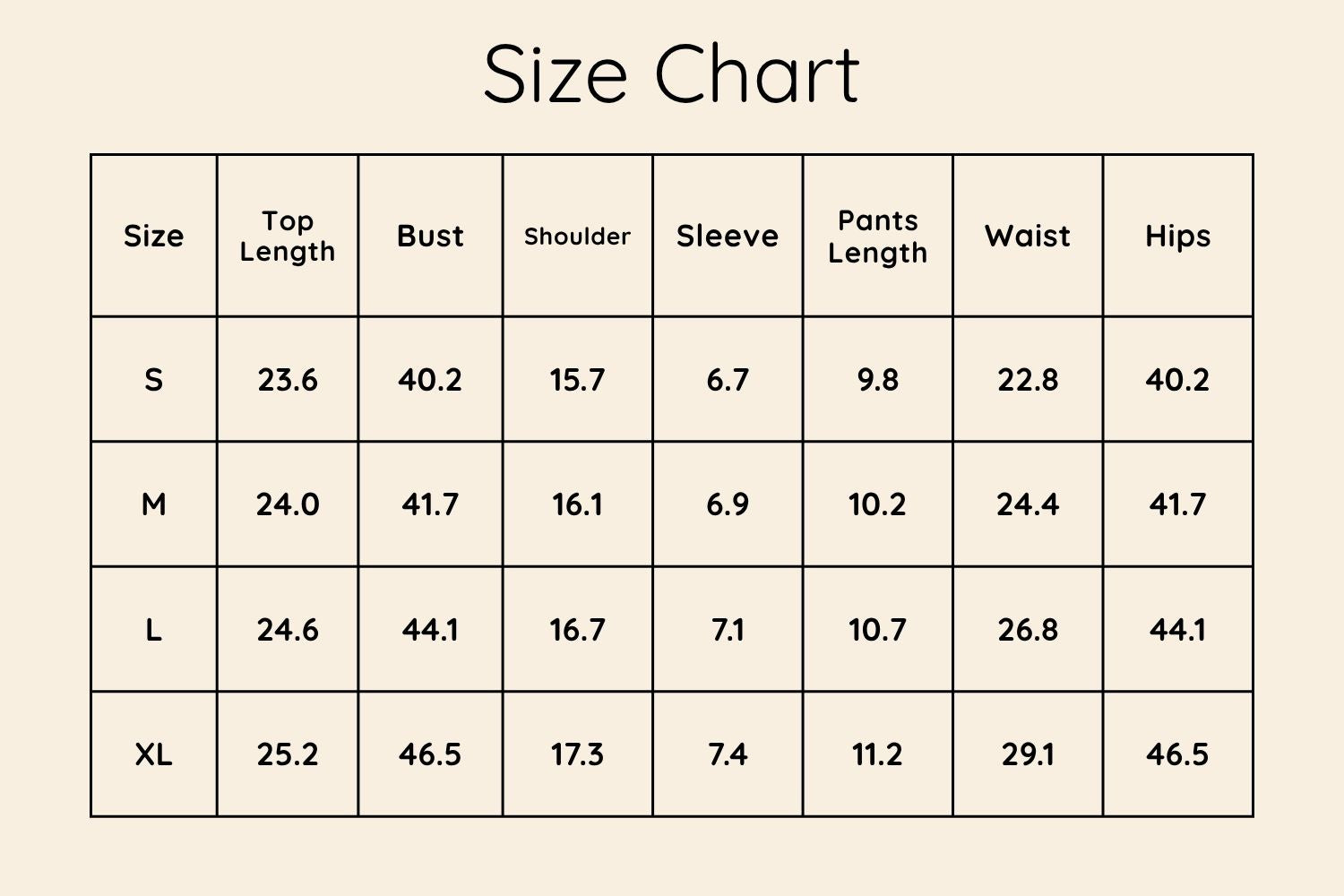 Size Chart Inches