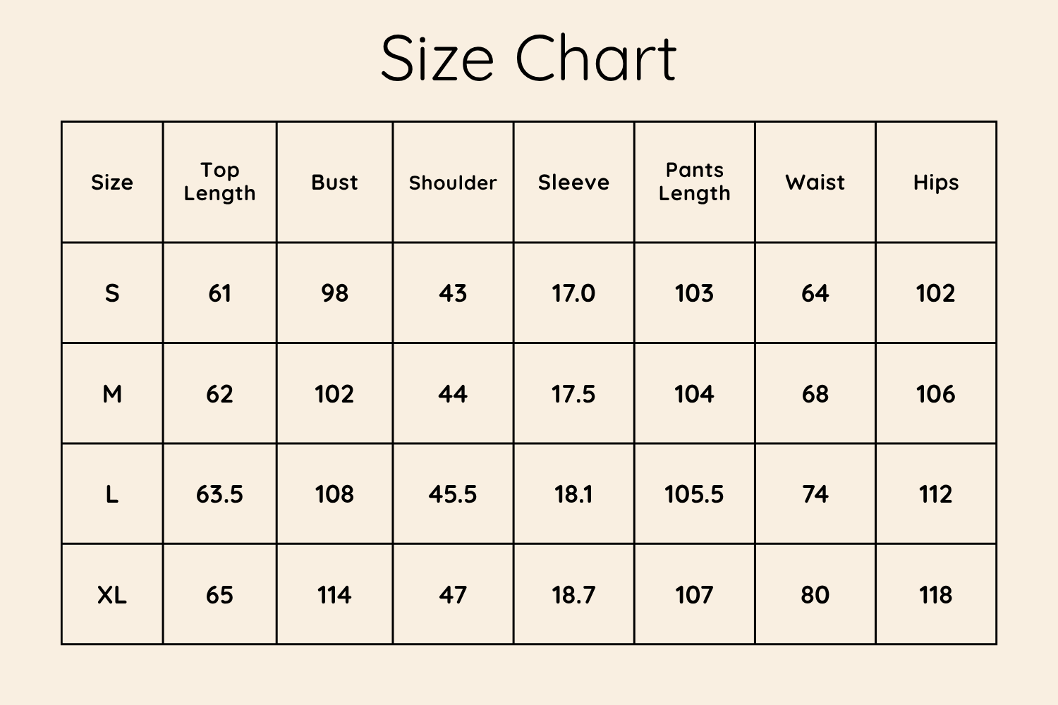 Size Chart CM
