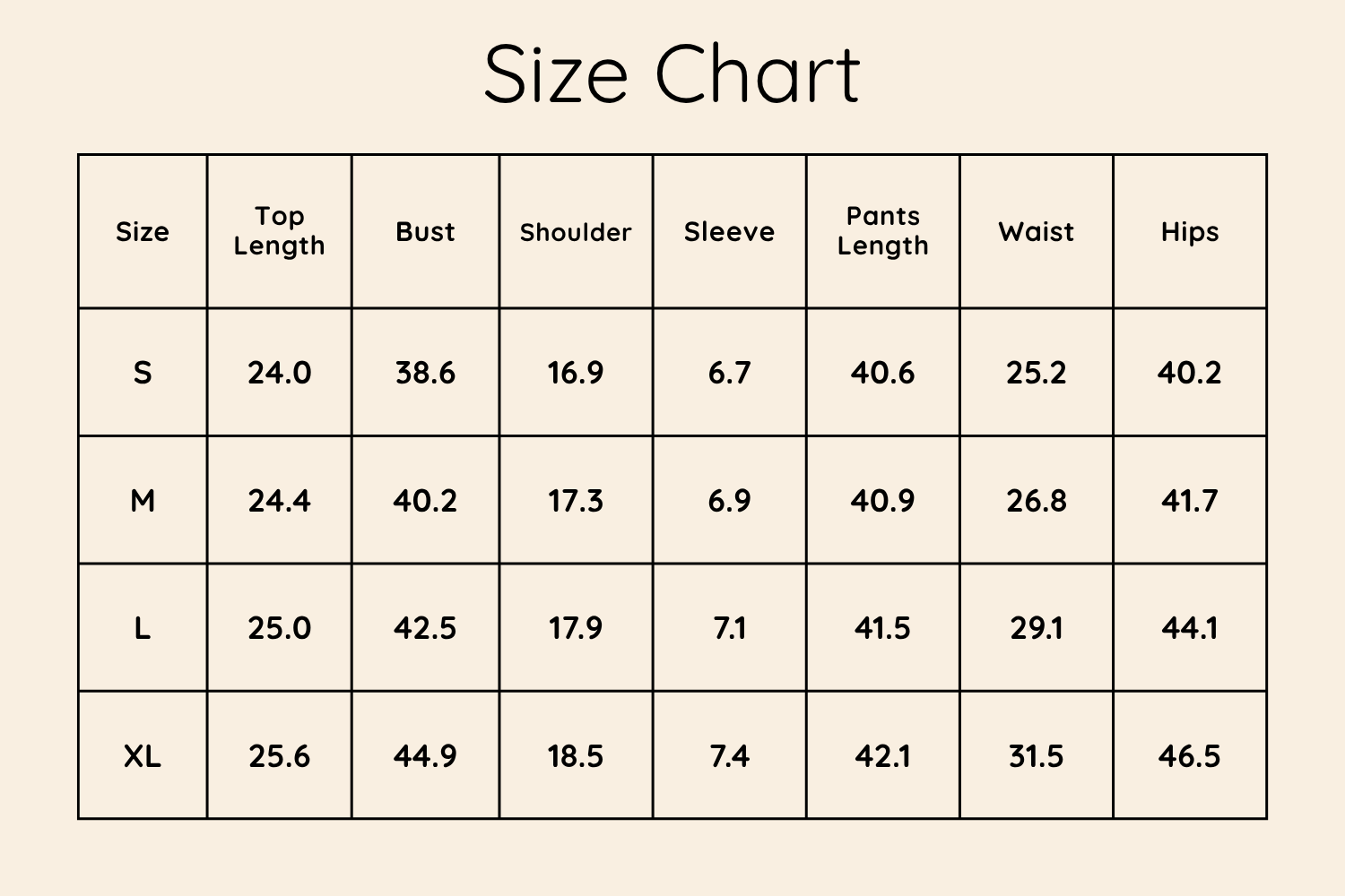 Size Chart Inches