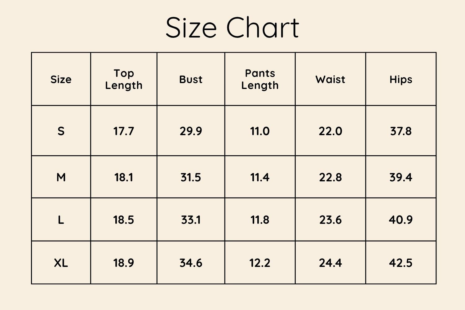 Size Chart Inches