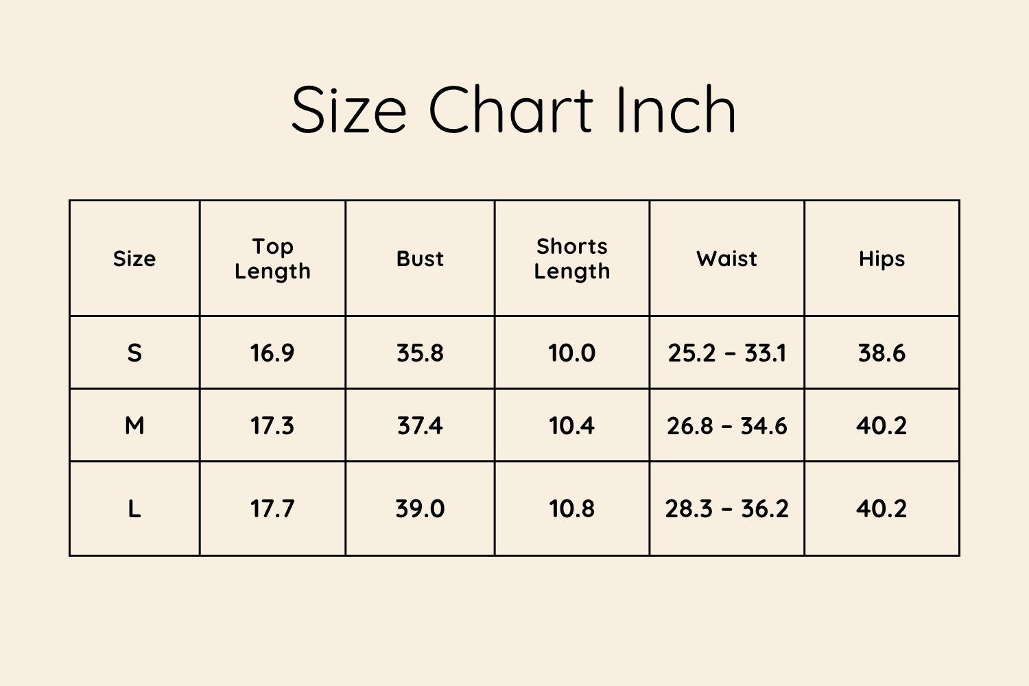 Size Chart Inches