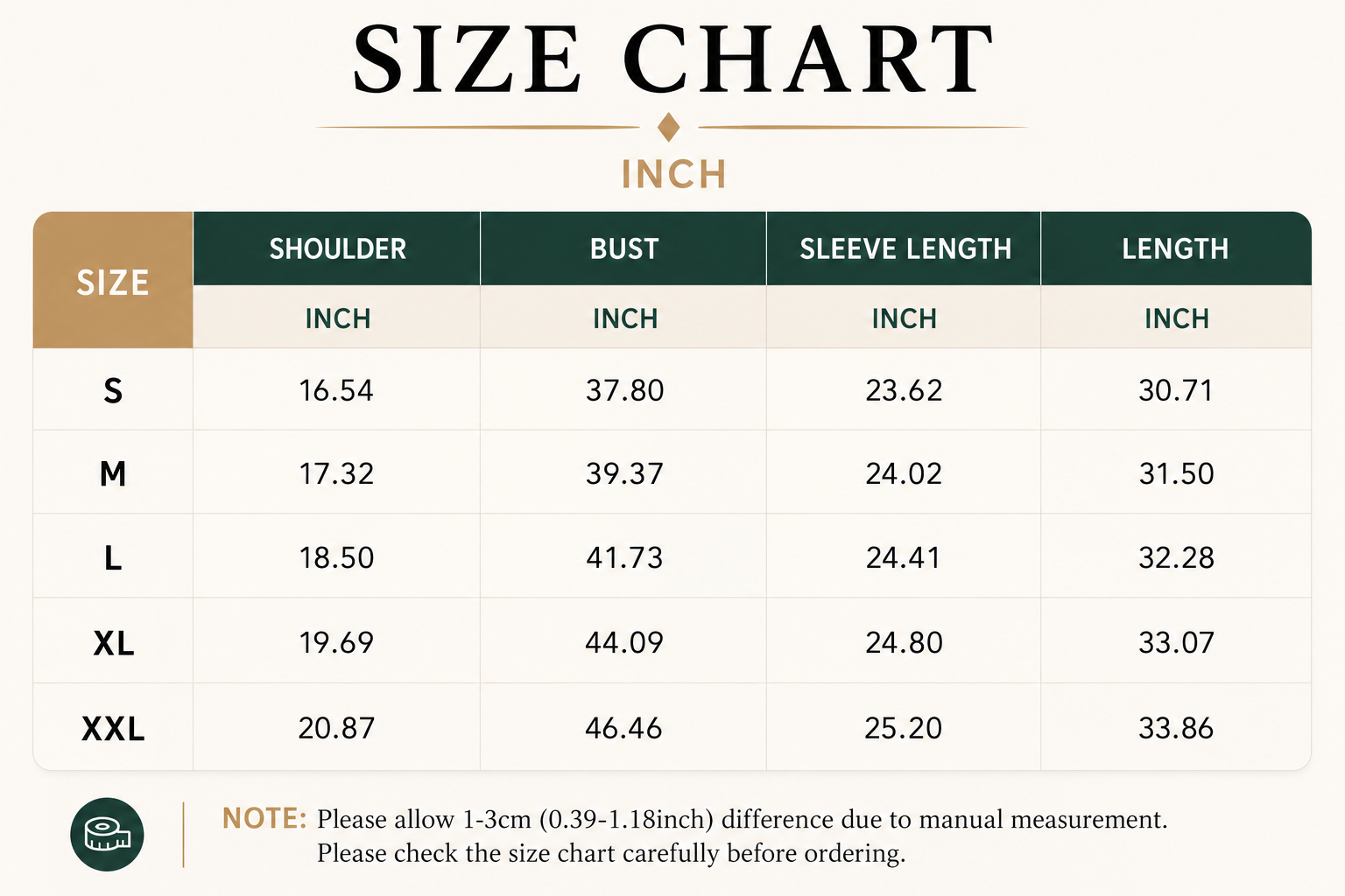 Size Chart Inches