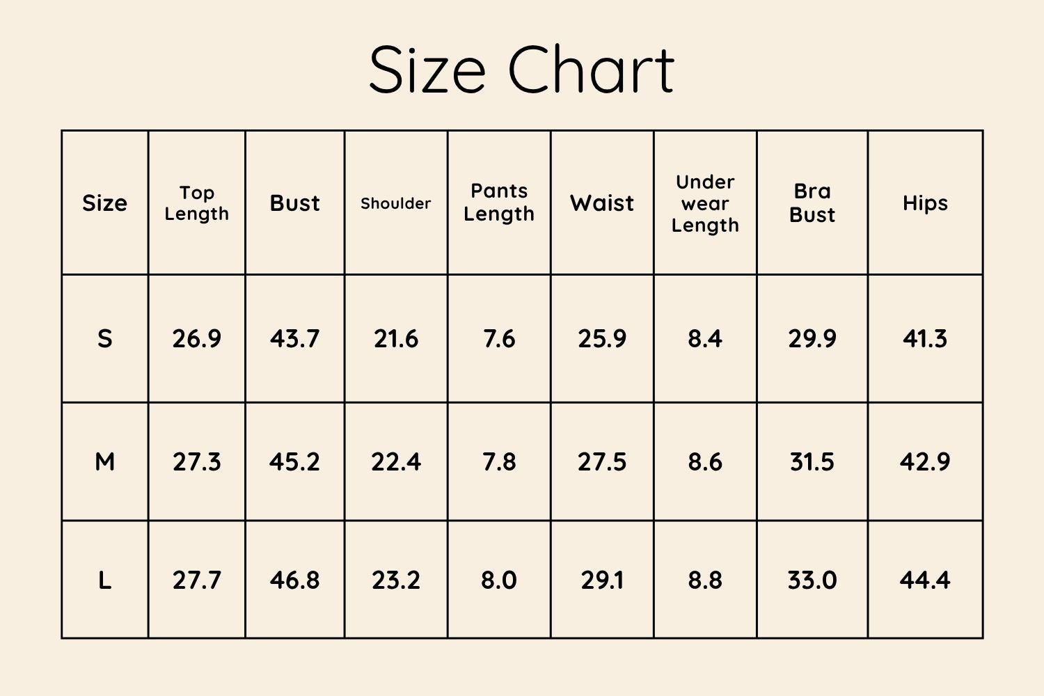 Size Chart Inches