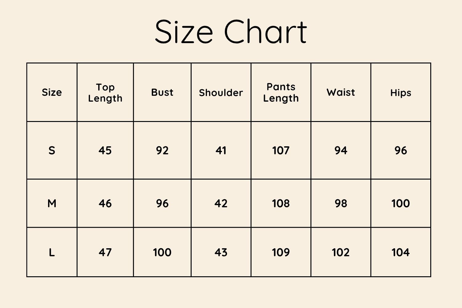 Size Chart CM