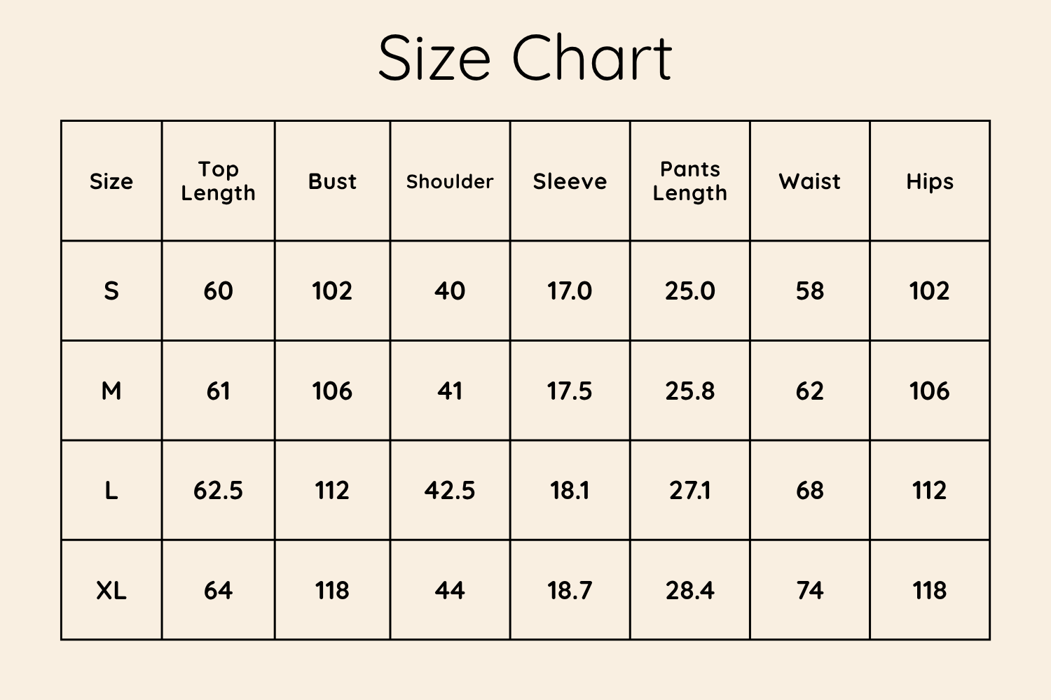Size Chart CM