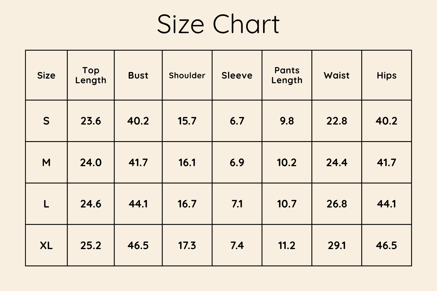 Size Chart Inches