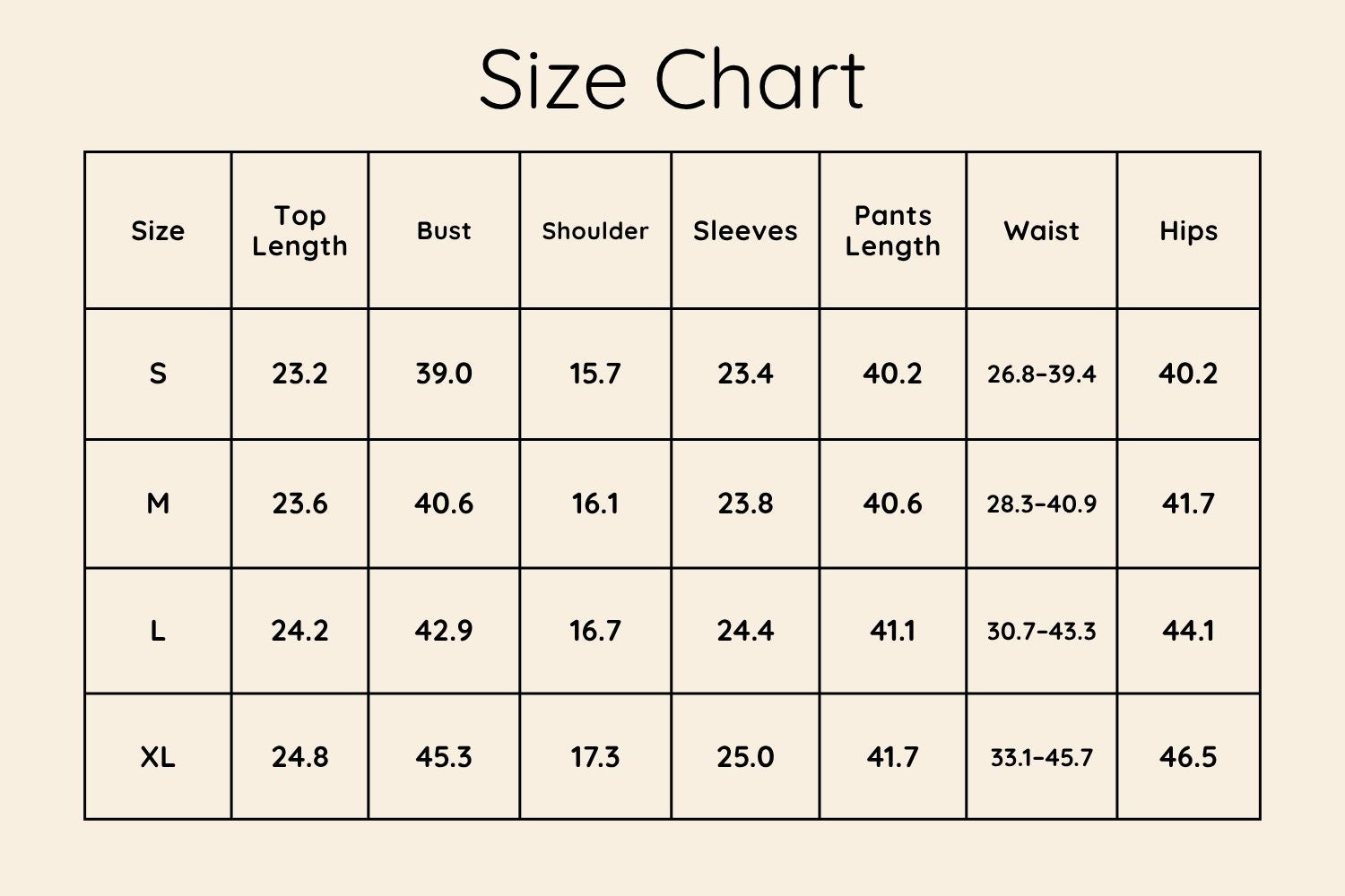 Size Chart Inches