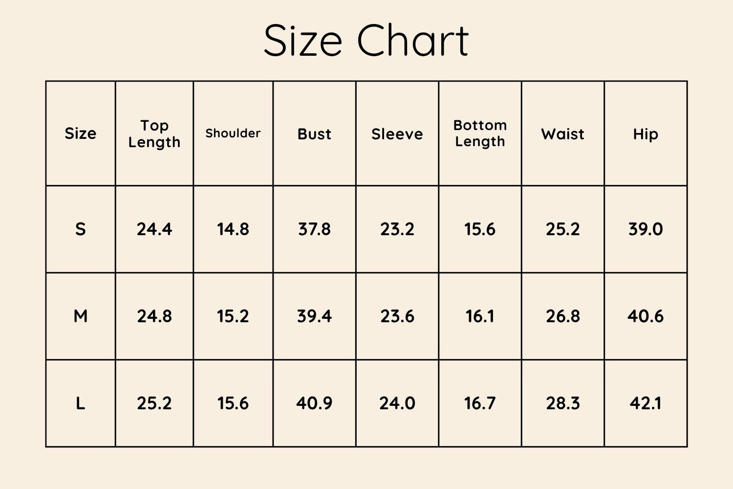 Size Chart Inches