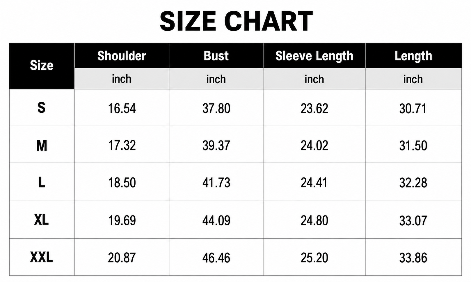 Size Chart Inches