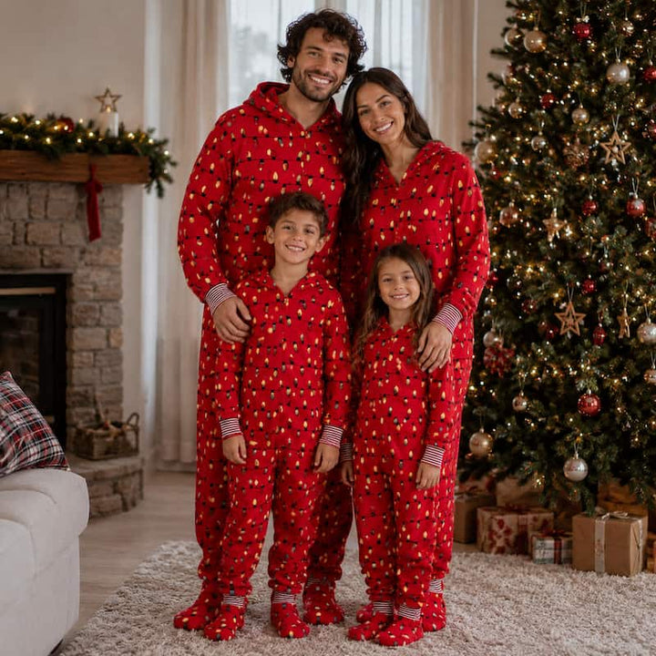 A family of four wearing matching red Christmas-themed hooded pajamas with a white polka dot pattern, standing together in a cozy living room in front of a decorated Christmas tree and fireplace.