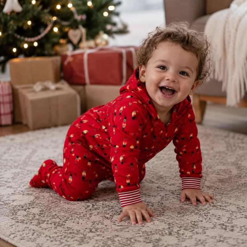 A smiling toddler wearing a red Christmas-themed hooded one-piece pajama with a small holiday print, crawling on a patterned rug in front of a decorated Christmas tree and wrapped gifts.