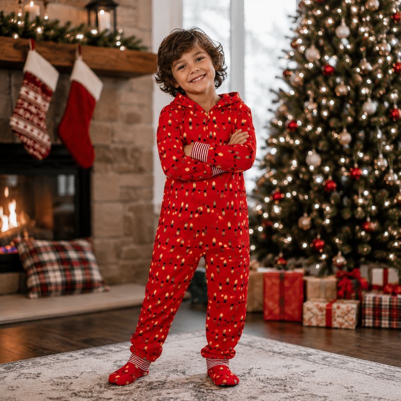 Combinaisons de Noël assorties pour la famille avec ampoules rouges