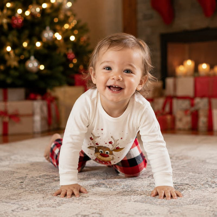 A smiling toddler wearing a white long-sleeve Christmas pajama top with a reindeer graphic and red plaid pants, crawling on a rug in front of a decorated Christmas tree and fireplace.
