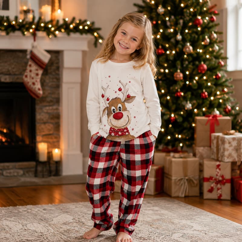 A young girl stands barefoot in a living room wearing a white long-sleeve Christmas pajama top with a reindeer graphic and red-and-black plaid pajama pants. A decorated Christmas tree, fireplace, stockings, and wrapped gifts are visible in the background.