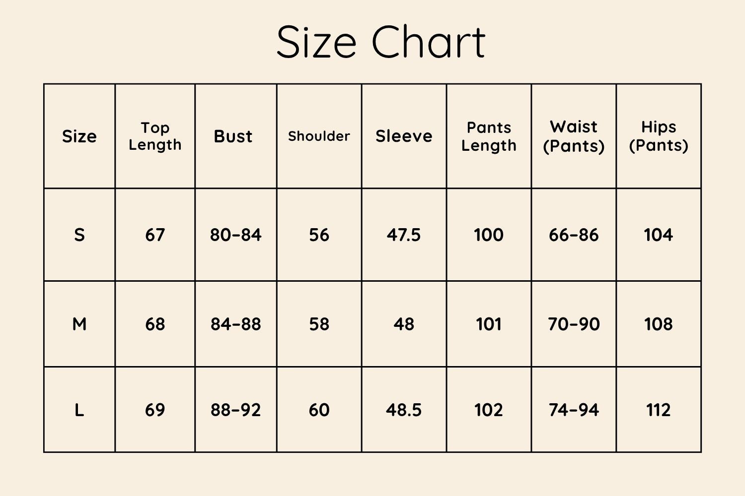 Size Chart CM