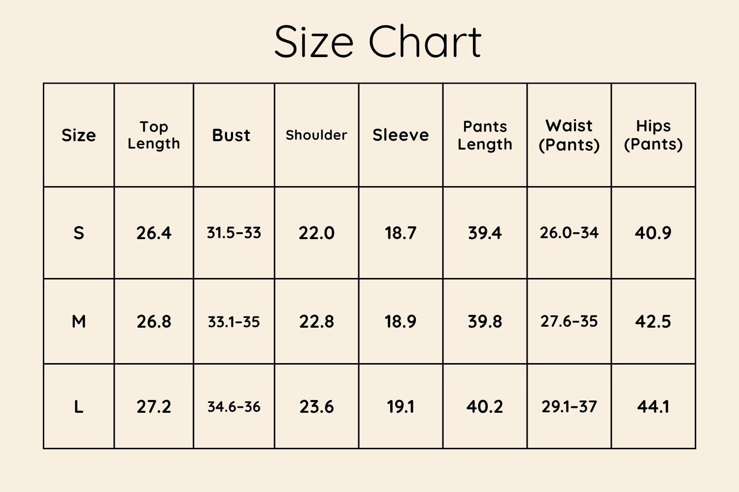 Size Chart Inches