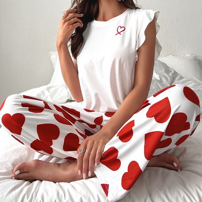 ruffles-sleeves-and-heart-print-Pajamas