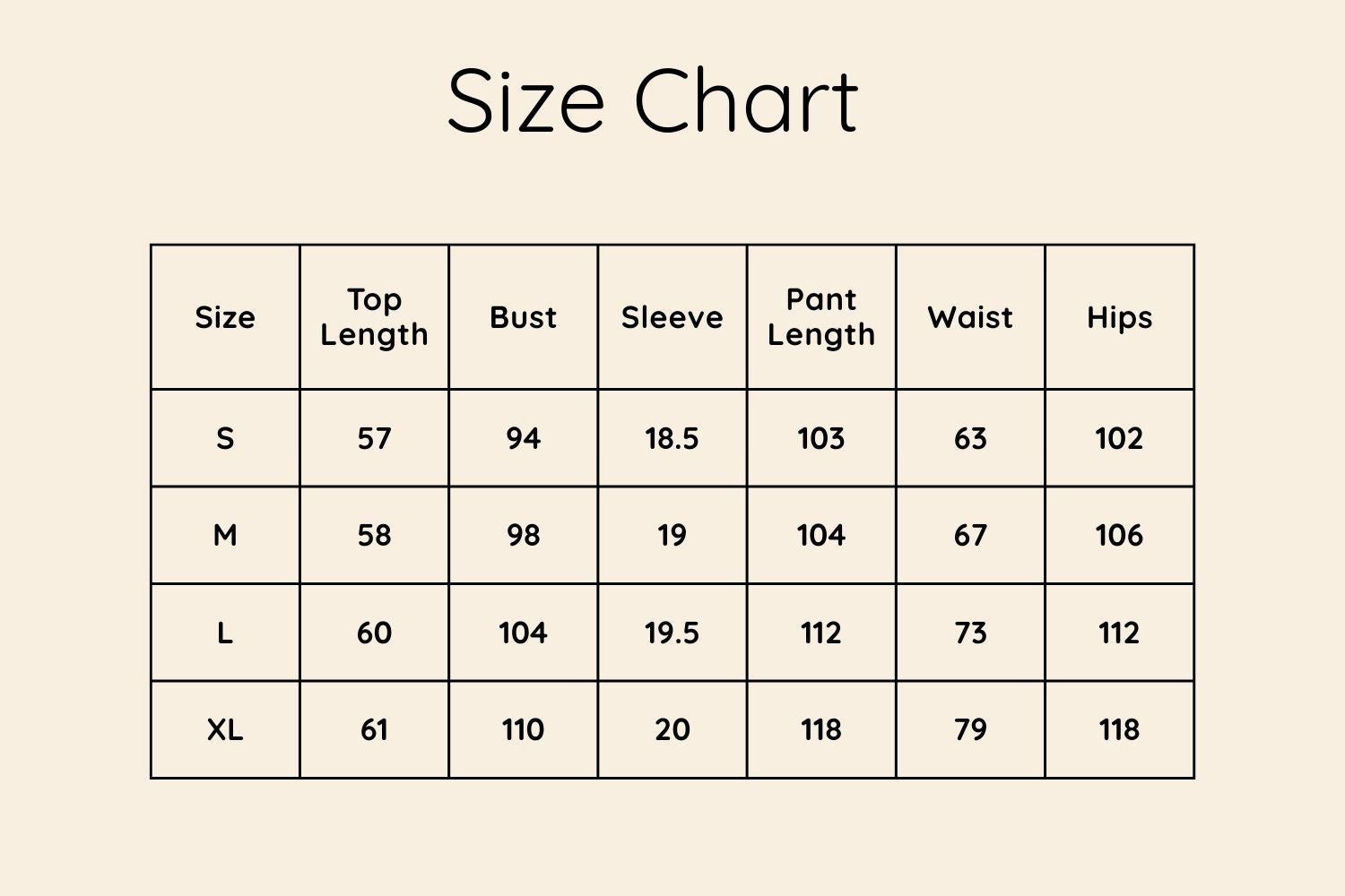 Size Chart CM