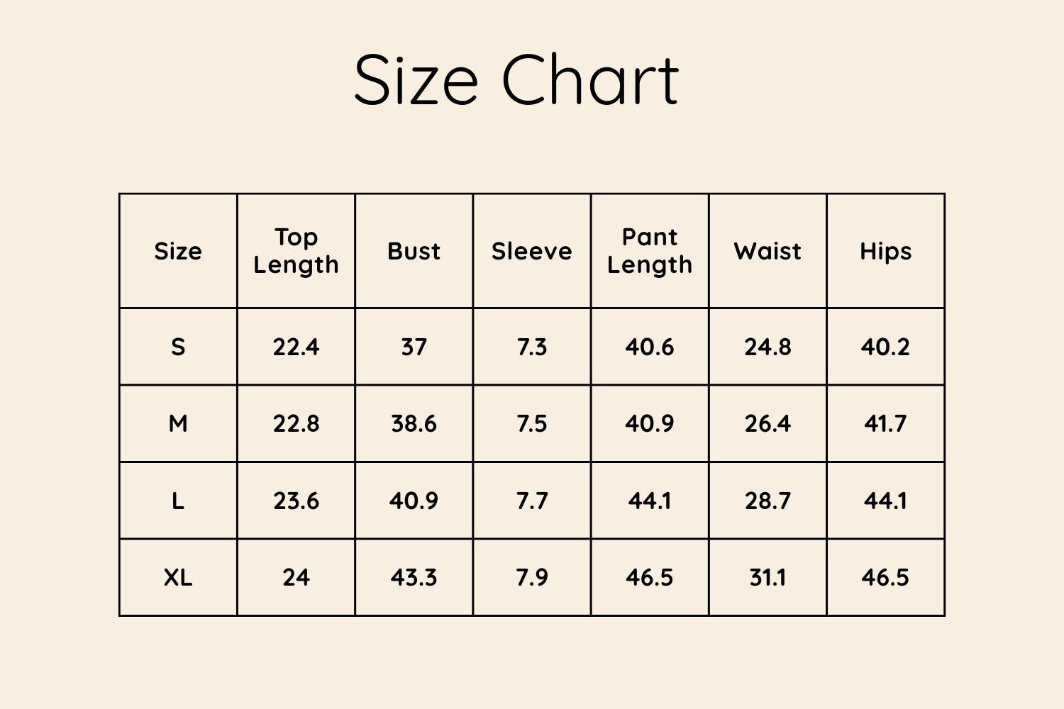 Size Chart Inches