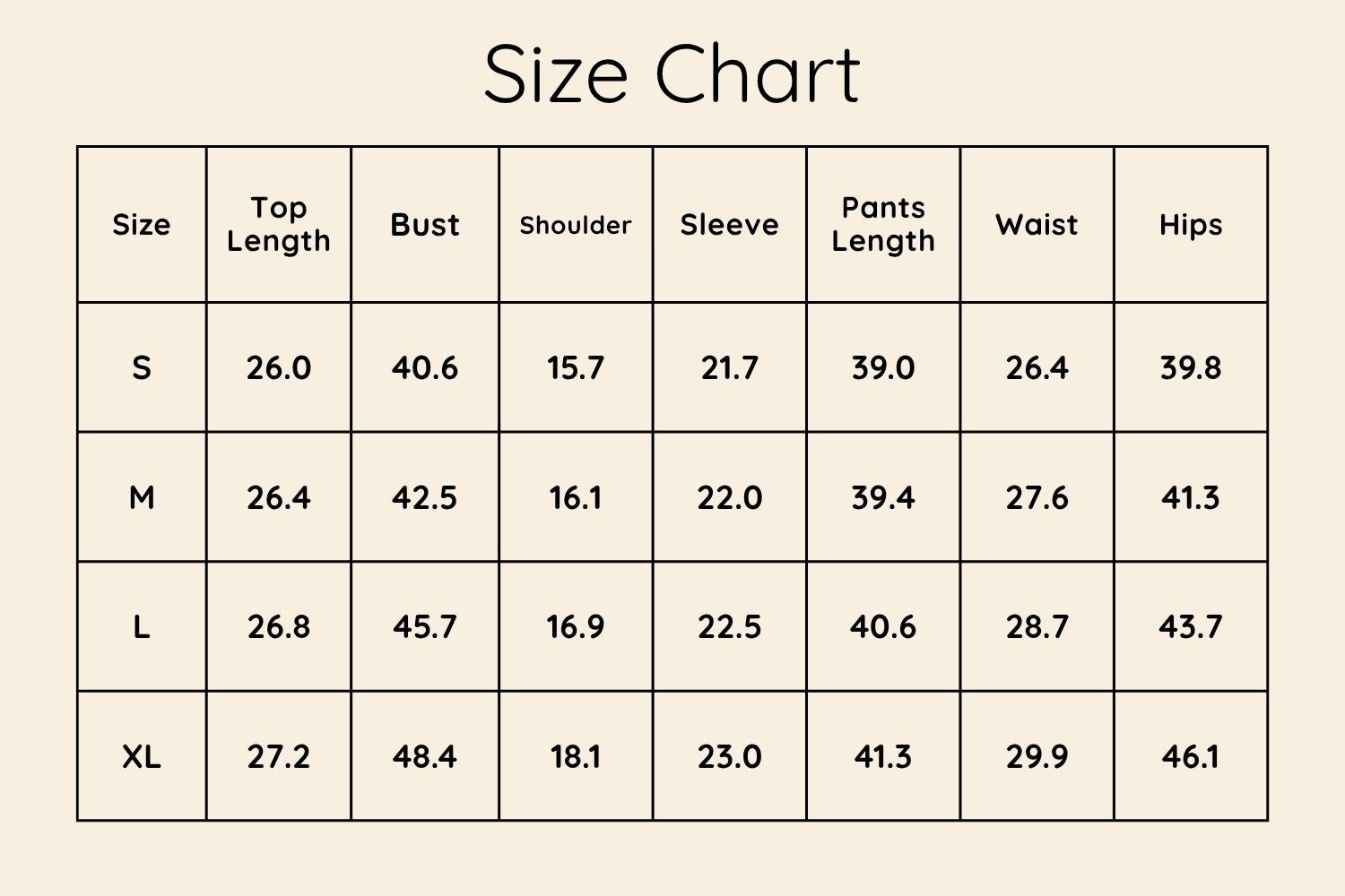 Size Chart Inches